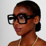 Black Female model wearing Icon Oversized Eyeglasses, Black acetate eyeglasses by AKA SAVRAN