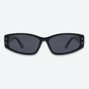 Gafas rectangulares de lujo negras con detalles dorados, perspectiva frontal