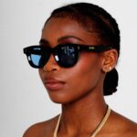 Schwarzes weibliches Model trägt KOKO BLEU, luxuriöse runde Sonnenbrille von KOKO SUNGLASSES COLLECTION von AKA SAVRAN