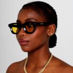 Black Female Model wearing KOKO YELLOW, luxurious round sunglasses from KOKO SUNGLASSES COLLECTION by AKA SAVRAN