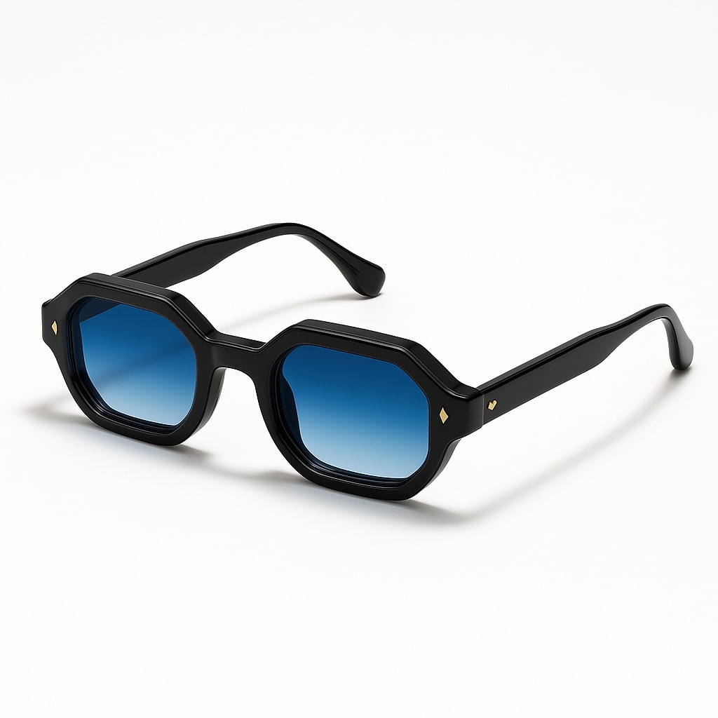 Marais Bleu Sunglasses by AKA SAVRAN fuse crystal-clear acetate, blue gradient UV400 lenses & golden hinges—luxury, comfort, and style in every detail.