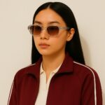 Las gafas de sol transparentes Marais de AKA SAVRAN combinan acetato cristalino, cristales marrones degradados UV400 y bisagras doradas: lujo, comodidad y estilo en cada detalle, lucidas por una modelo asiática.