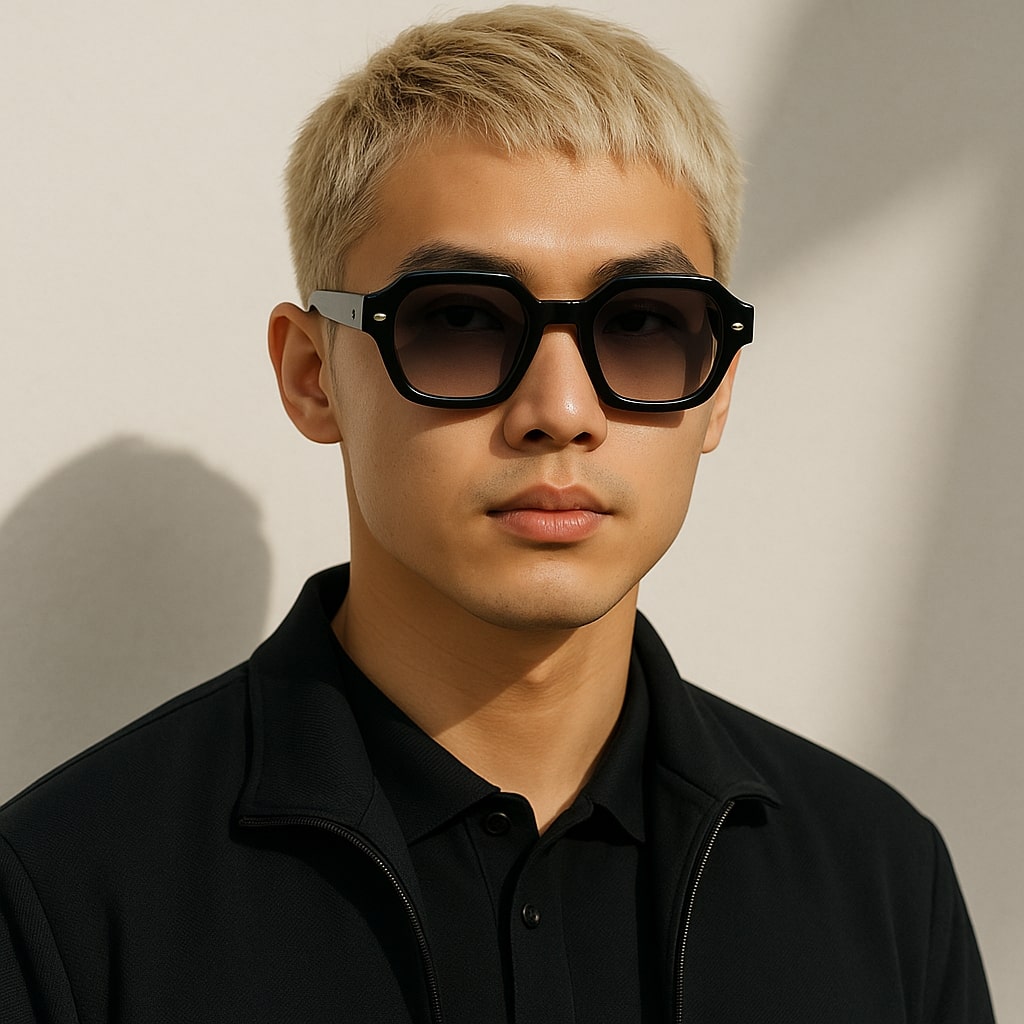 Marais Noir Sunglasses by AKA SAVRAN fuse crystal-clear acetate, blue gradient UV400 lenses & golden hinges—luxury, comfort, and style in every detail. Worn by Asian male model.