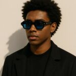 Marais Bleu Sunglasses by AKA SAVRAN fuse crystal-clear acetate, blue gradient UV400 lenses & golden hinges—luxury, comfort, and style in every detail. Worn by black male model.
